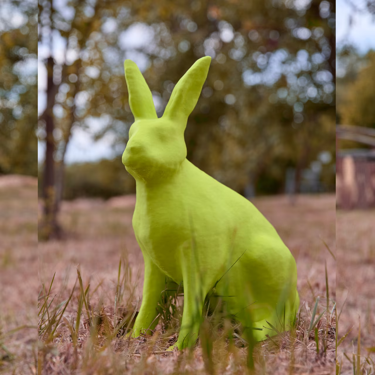 3D-gedruckter Hase in limettengrün sitzt im Gras