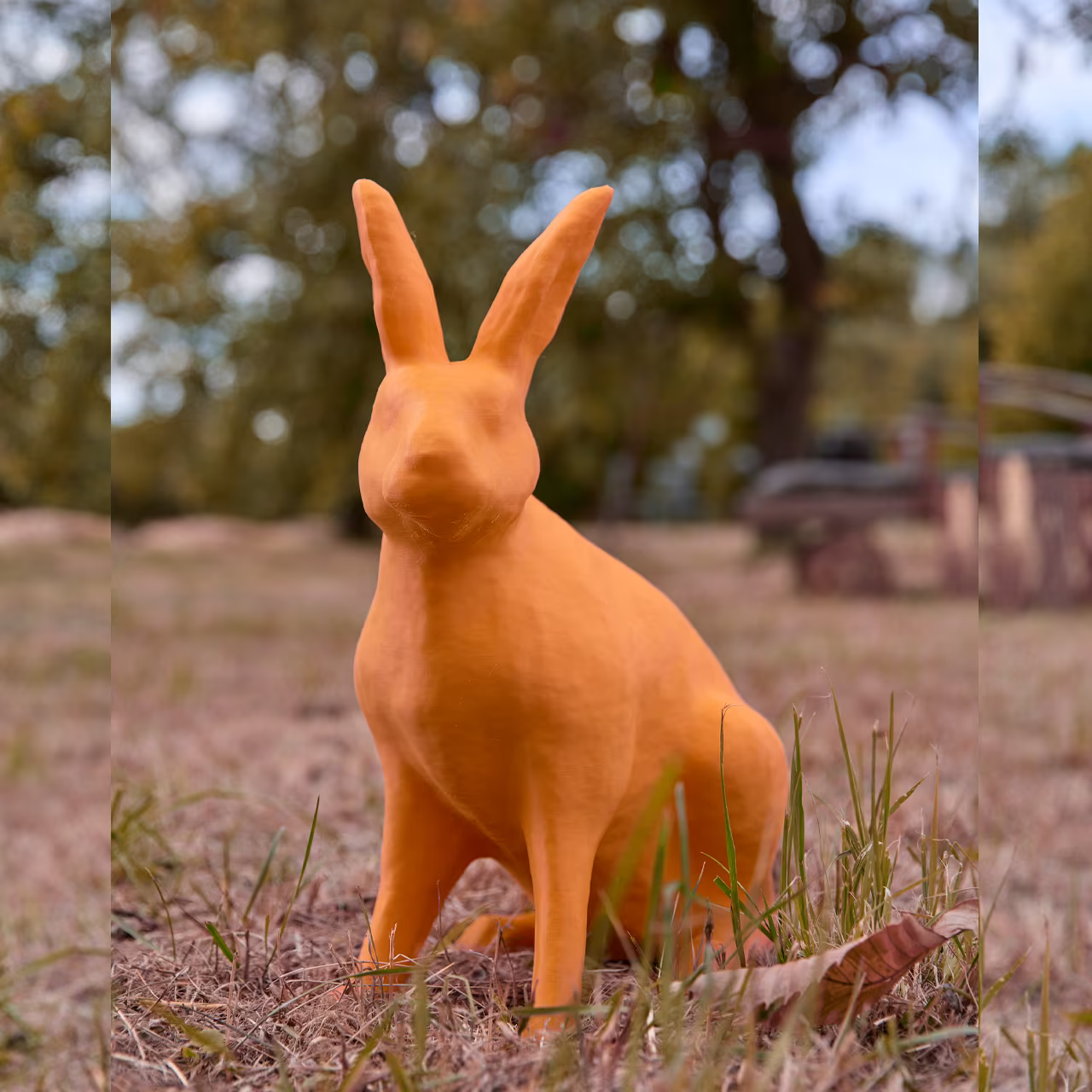 3D-gedruckter Hase in orange sitzt im Gras