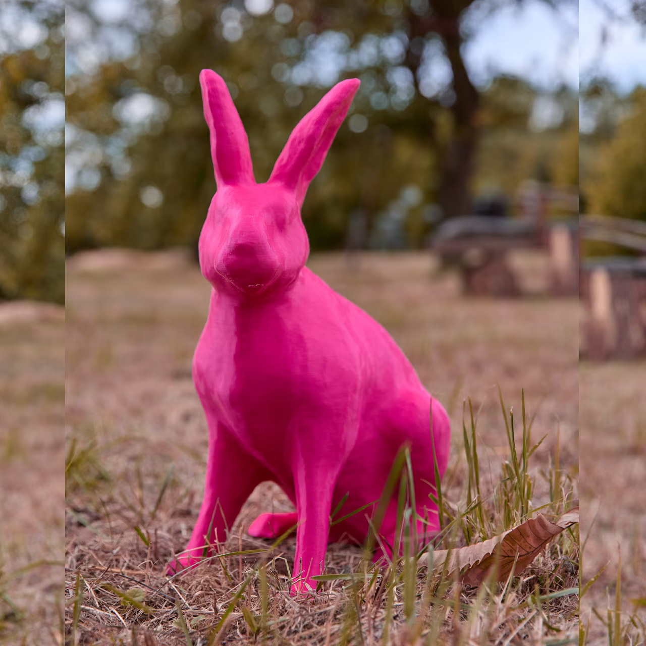 3D-gedruckter Hase in pink sitzt im Gras