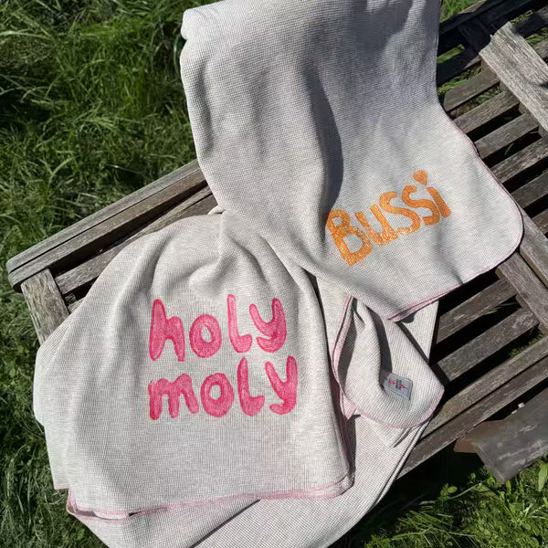 Zwei graue Decken mit Bussi und holy moly Aufdruck liegen auf Liege im Gras